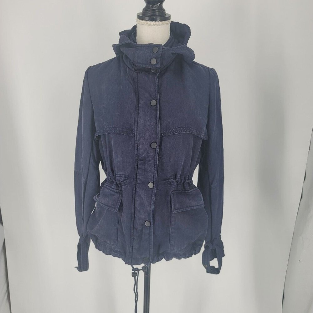 Vince Hooded Tencel Utility Jacket Navy Blue Zipper Snap Closure Women's XS